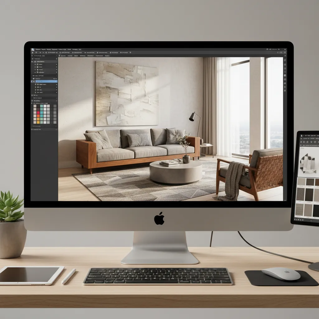 Modelo 3D de salón moderno mostrado en pantalla de ordenador