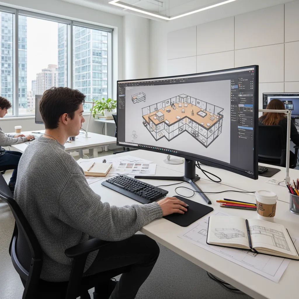 Estudiantes aprendiendo diseño de interiores con software 3D en ordenador