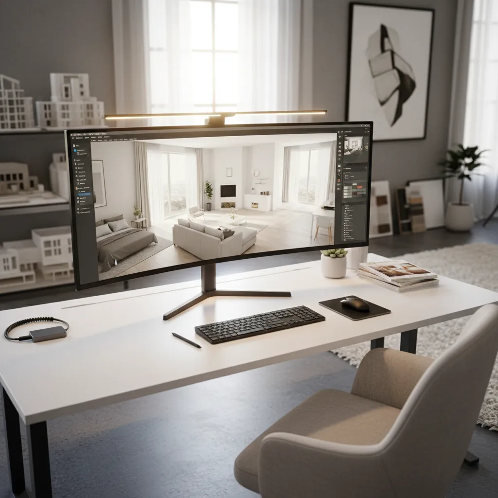 Curved computer monitor on white desk showing Coohom interior design drawing with sofa and bed
