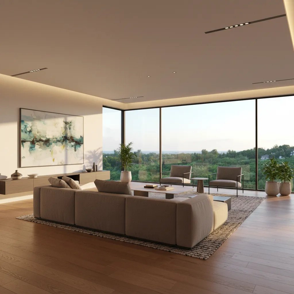 Modern living room interior design drawing with large sofa wooden floor and windows viewing nature