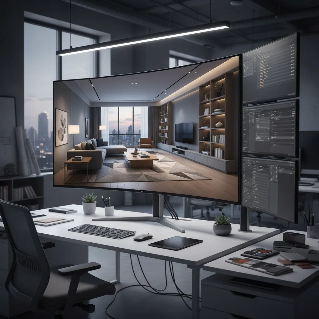 Professional workspace with large monitor displaying a living room design next to vertical side computer screens