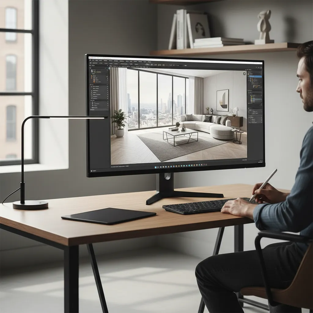 Modelo 3D de diseño de interiores en pantalla de ordenador