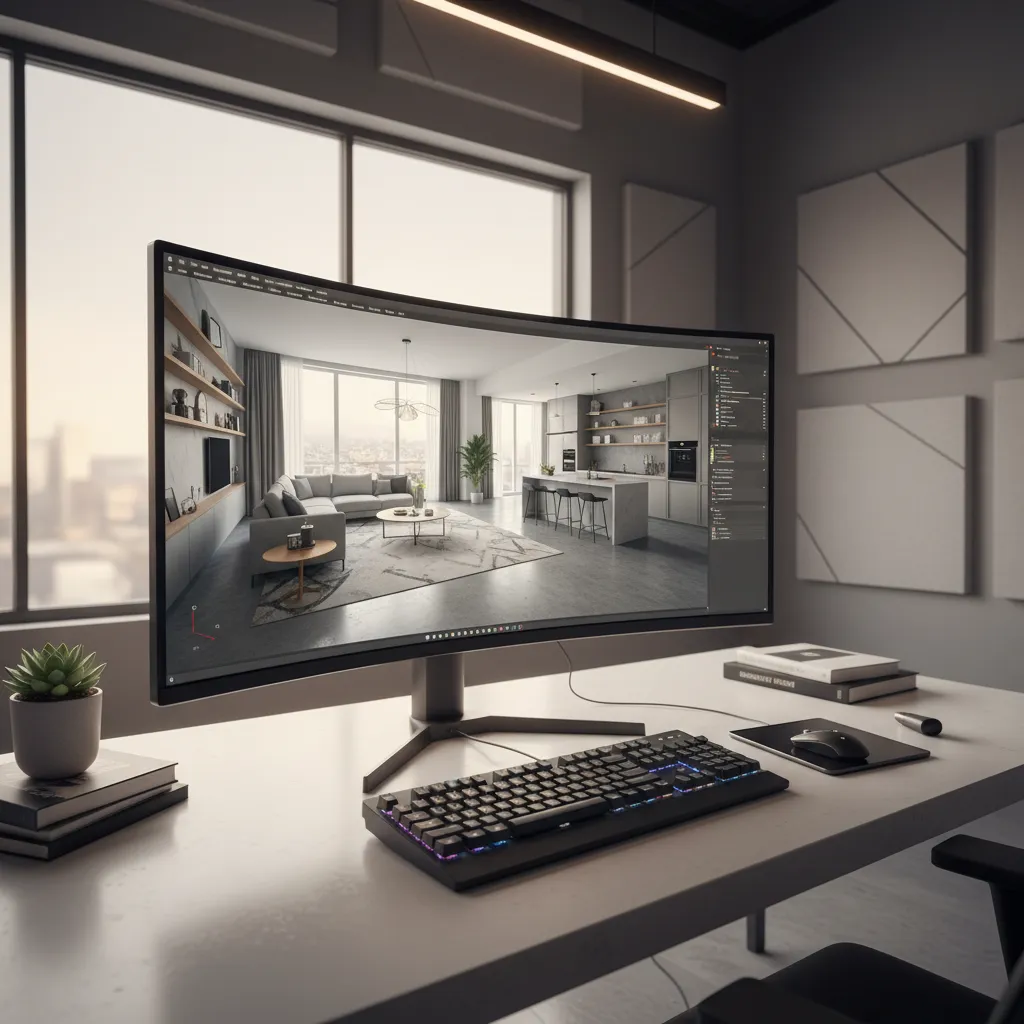 Large curved monitor displaying an interior design drawing of a modern living room and kitchen