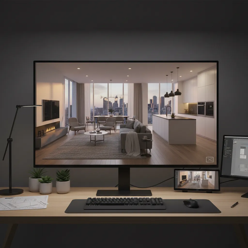 Computer monitor showing interior design drawing of open plan living room with kitchen and view