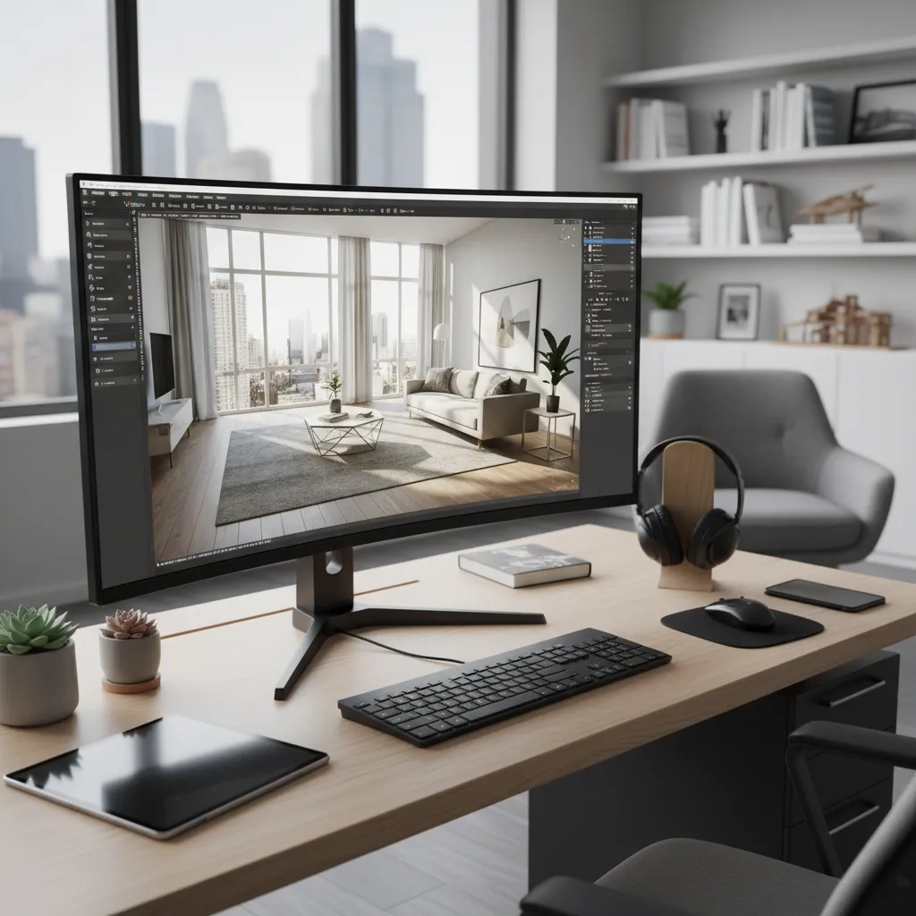 Modelo 3D de un apartamento mostrado en pantalla de ordenador