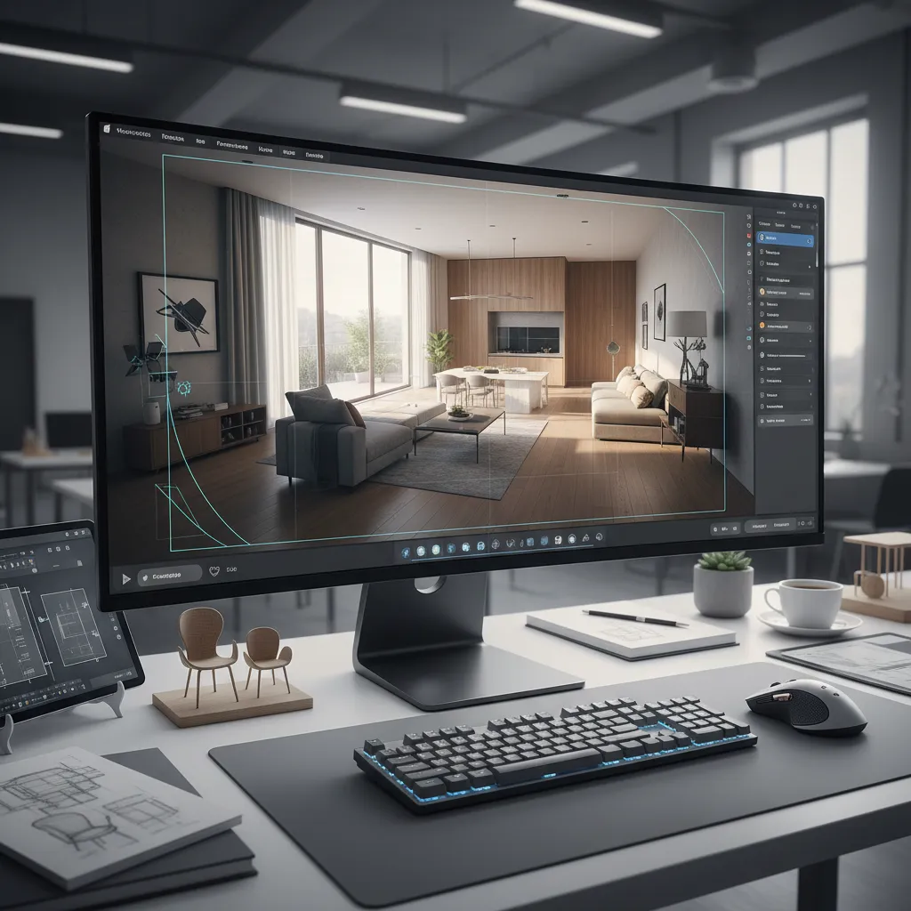 Computer monitor displaying interior design drawing with living room furniture keyboard mouse and design sketches