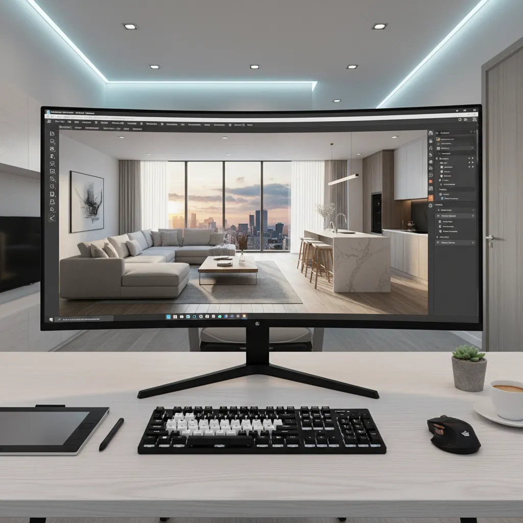 Pantalla mostrando modelo 3D de un apartamento diseñado digitalmente