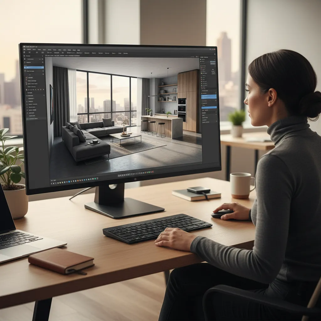Modelo 3D de un apartamento en pantalla de computadora para diseño interior