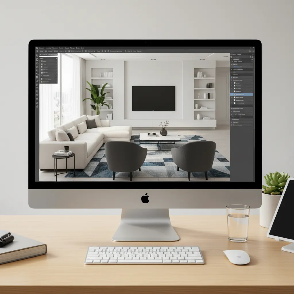 computer monitor showing 3D interior living room model in design software
