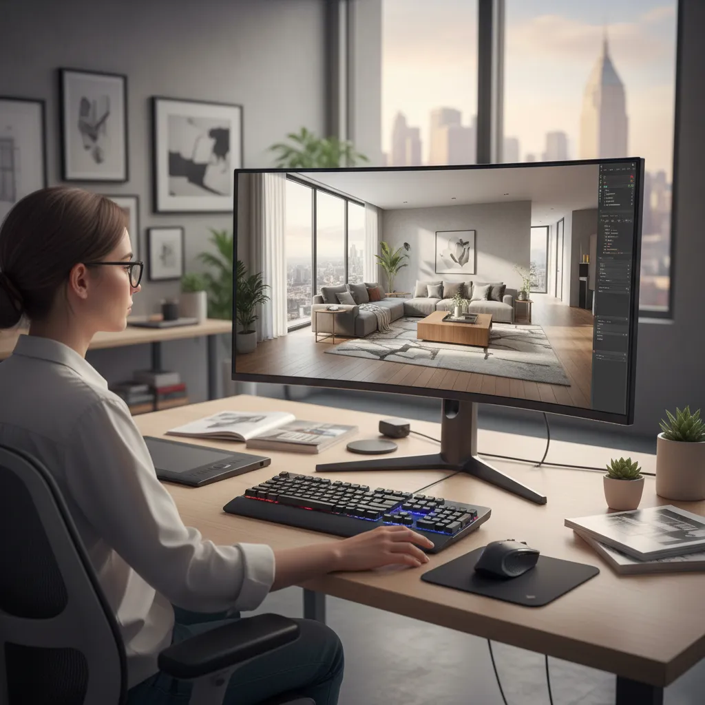 Designer working on a computer screen showing a 3D living room with sofa and windows