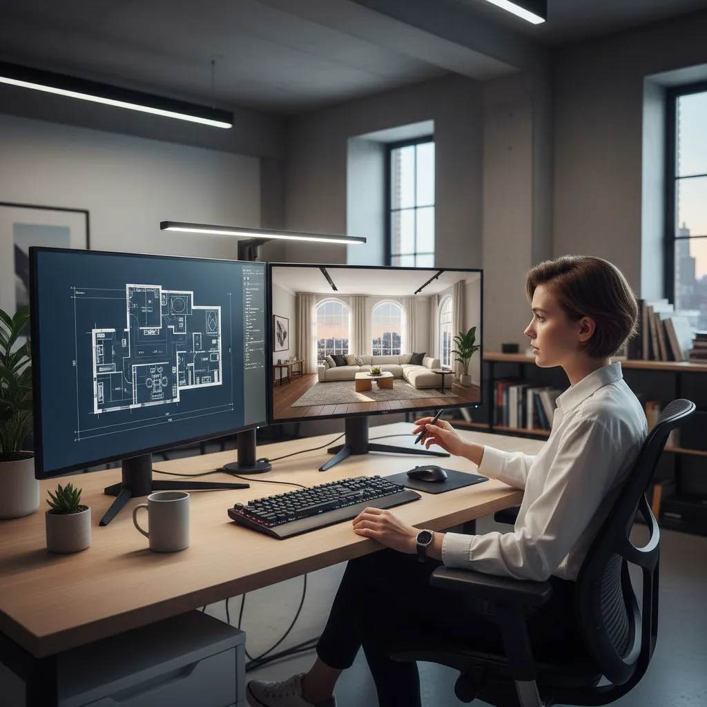 Diseñador utilizando software 3D para crear un proyecto de interiorismo