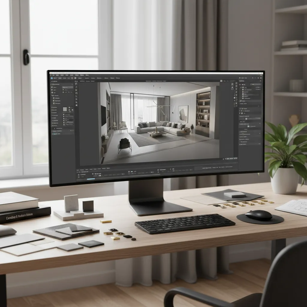 pantalla mostrando modelo 3D de un apartamento durante planificación de diseño interior