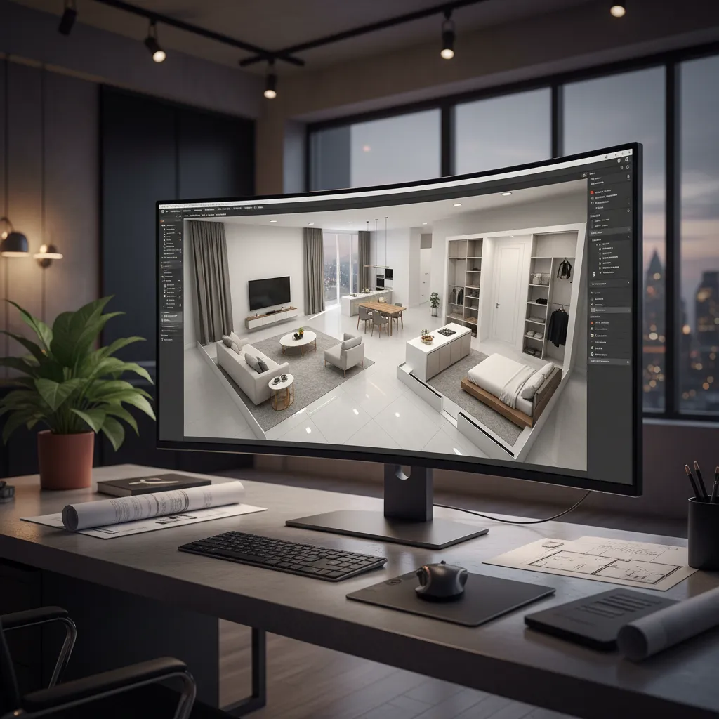 Diseño de interiores en software 3D mostrando distribución de una vivienda