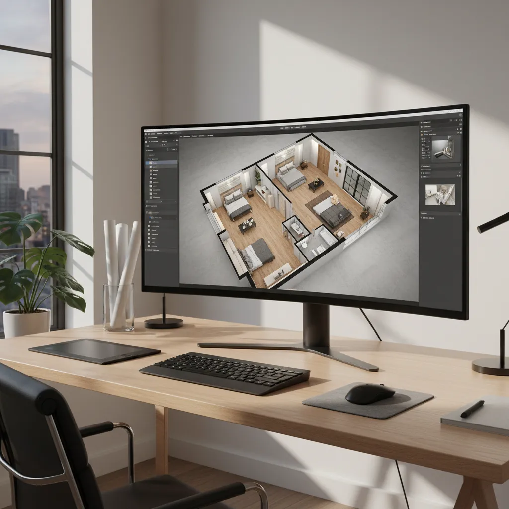 Large computer screen on wooden desk showing a 3D room layout of a modern apartment