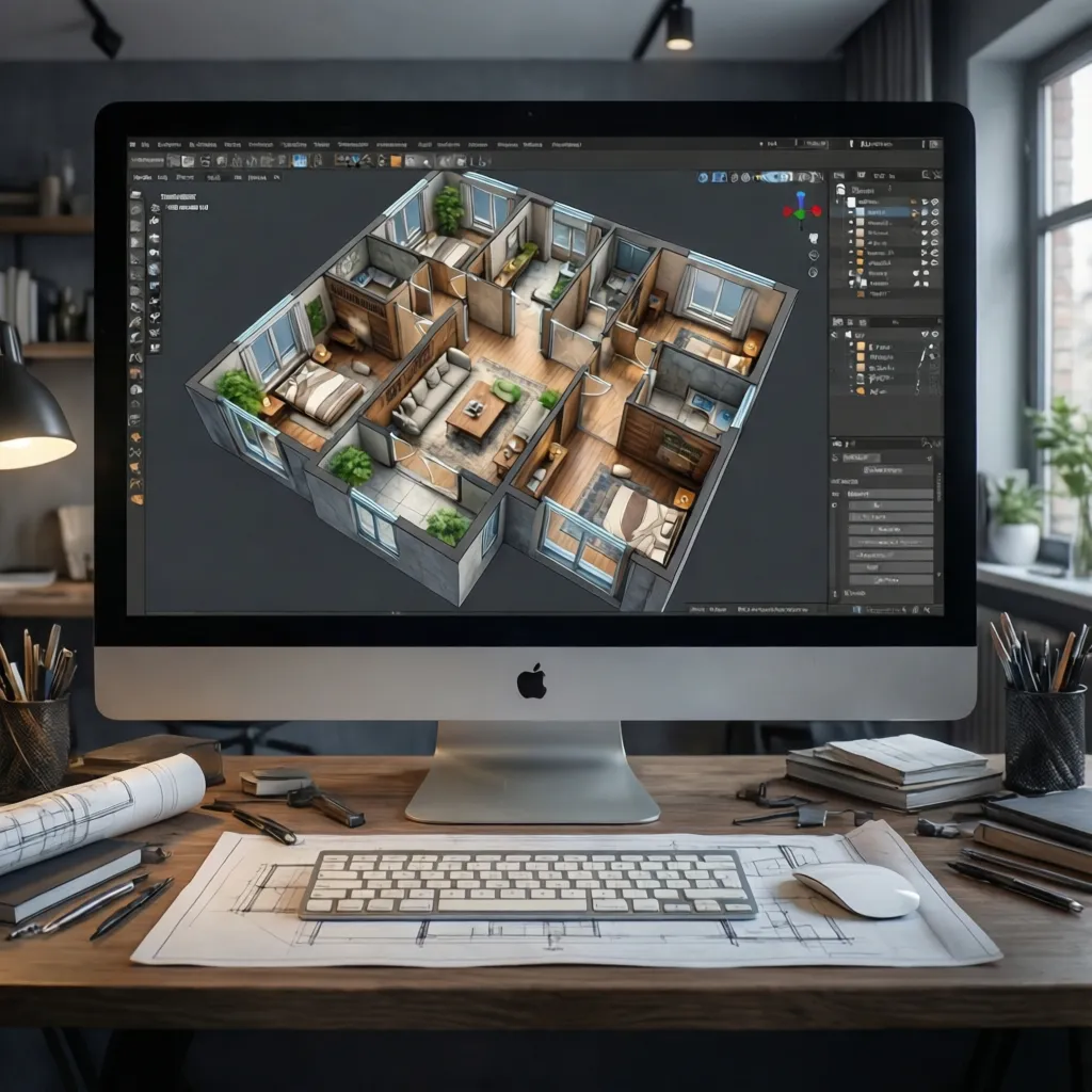 Pantalla mostrando plano 3D de una vivienda con distribución interior
