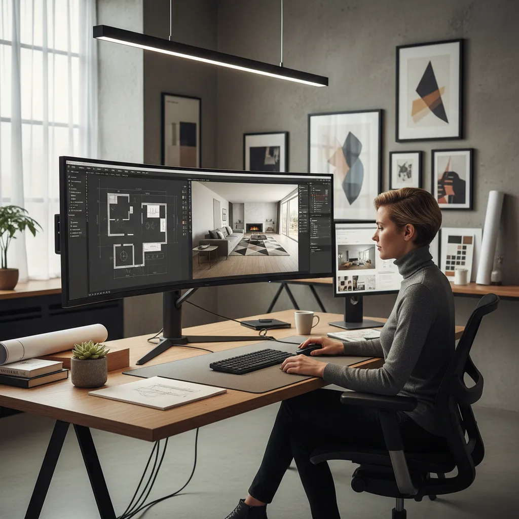 Diseñador trabajando en un proyecto de interiorismo con software 3D