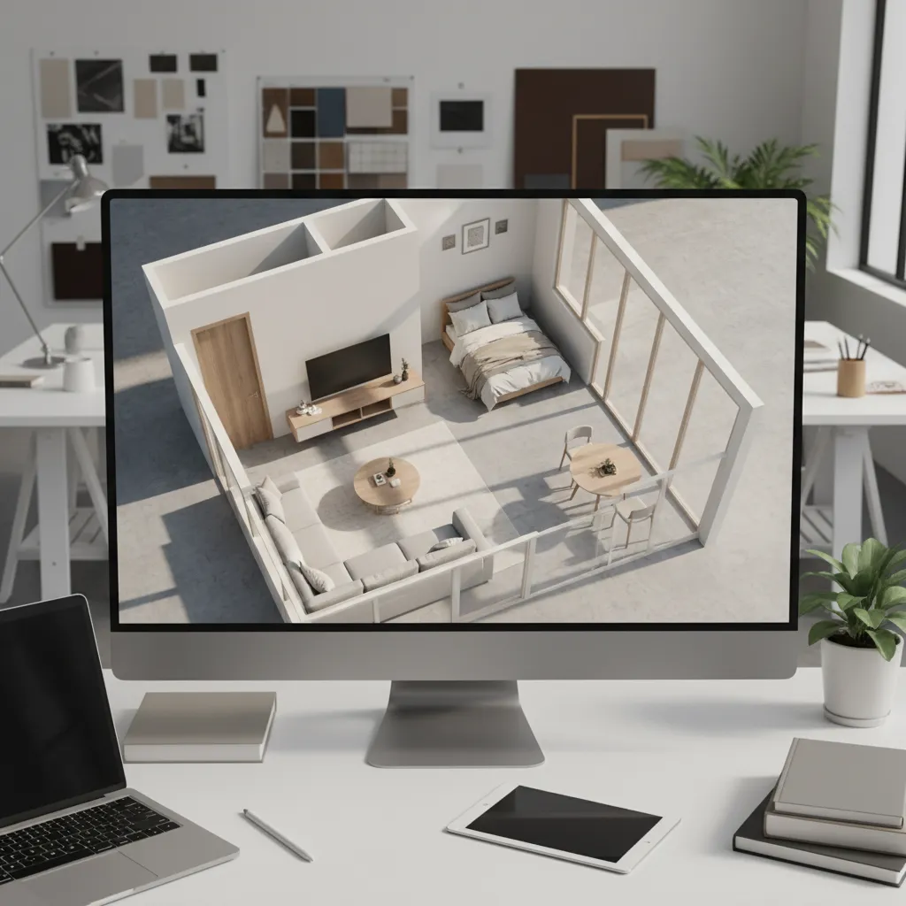 Visualización 3D de diseño interior de una casa pequeña