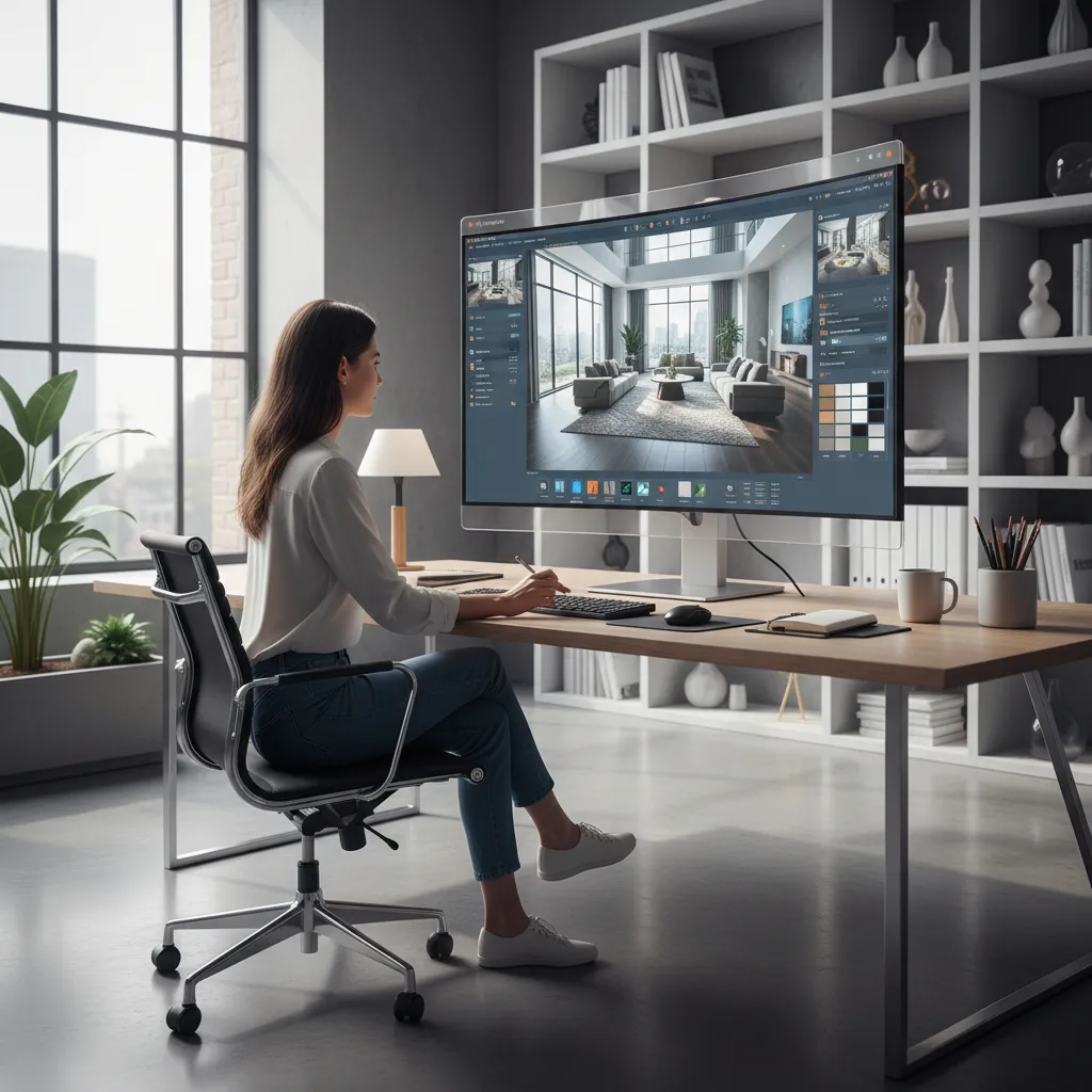 Diseñador utilizando software de planificación de interiores en un ordenador