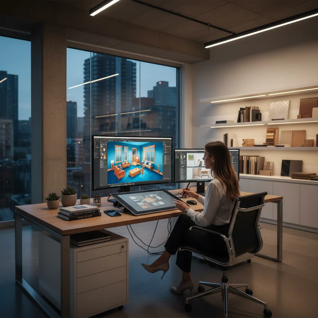 Diseñador trabajando con planos 3D en computadora para planificar interiores