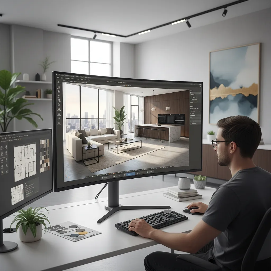 Male designer working on modern living room interior design drawing using a large curved monitor