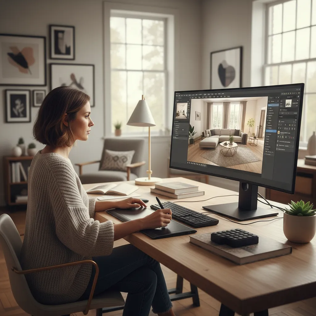 Woman using digital drawing tablet to create living room interior design drawing on large screen