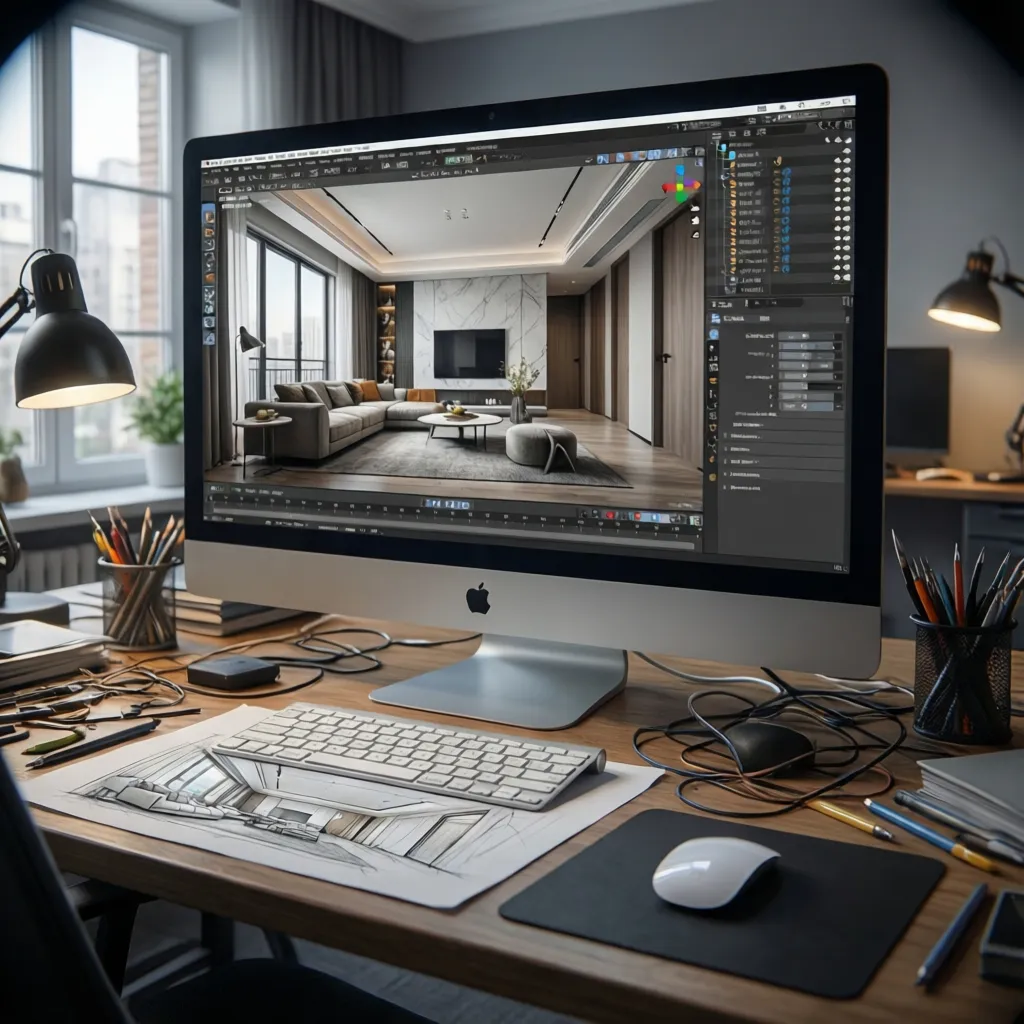 Visualización digital de diseño interior en 3D en una pantalla