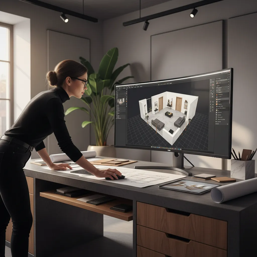 Diseñadora trabajando en un modelo 3D de un apartamento en su ordenador