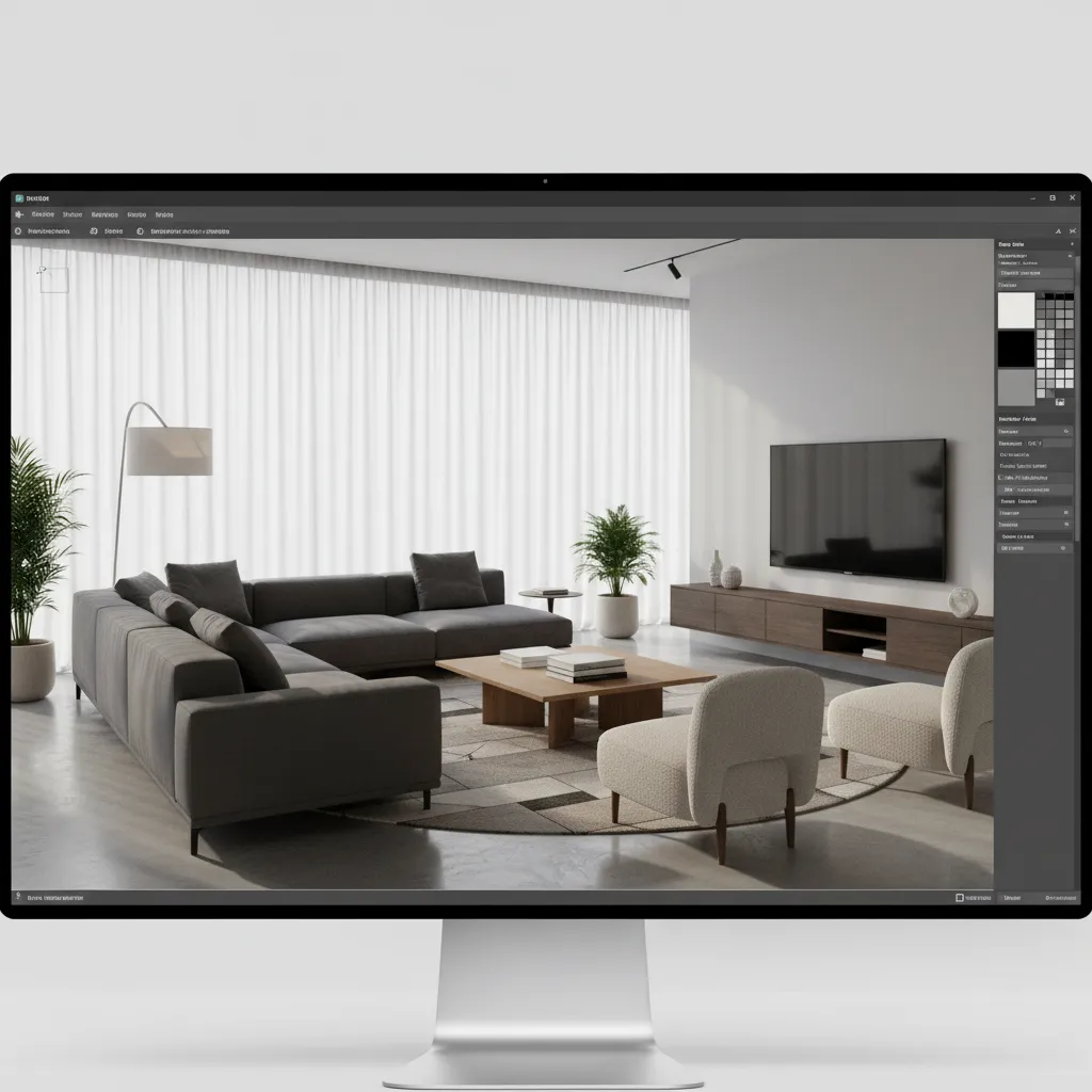 Visualización 3D realista de un salón moderno en software de diseño