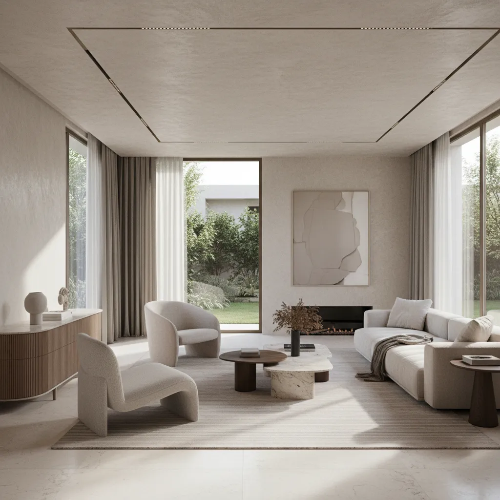 Minimalist living room with cream sofa and curved chairs next to a large garden window
