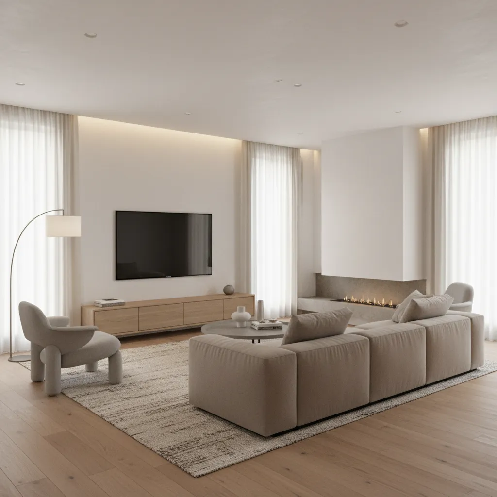 Render 3D de salón moderno utilizado en proyectos de interiorismo