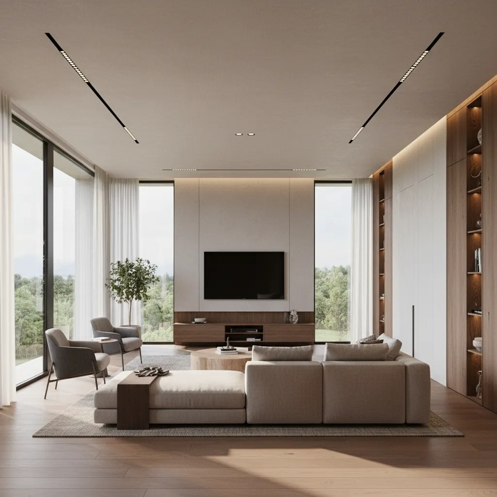 Render 3D de un salón moderno usado para mostrar un proyecto de interiorismo