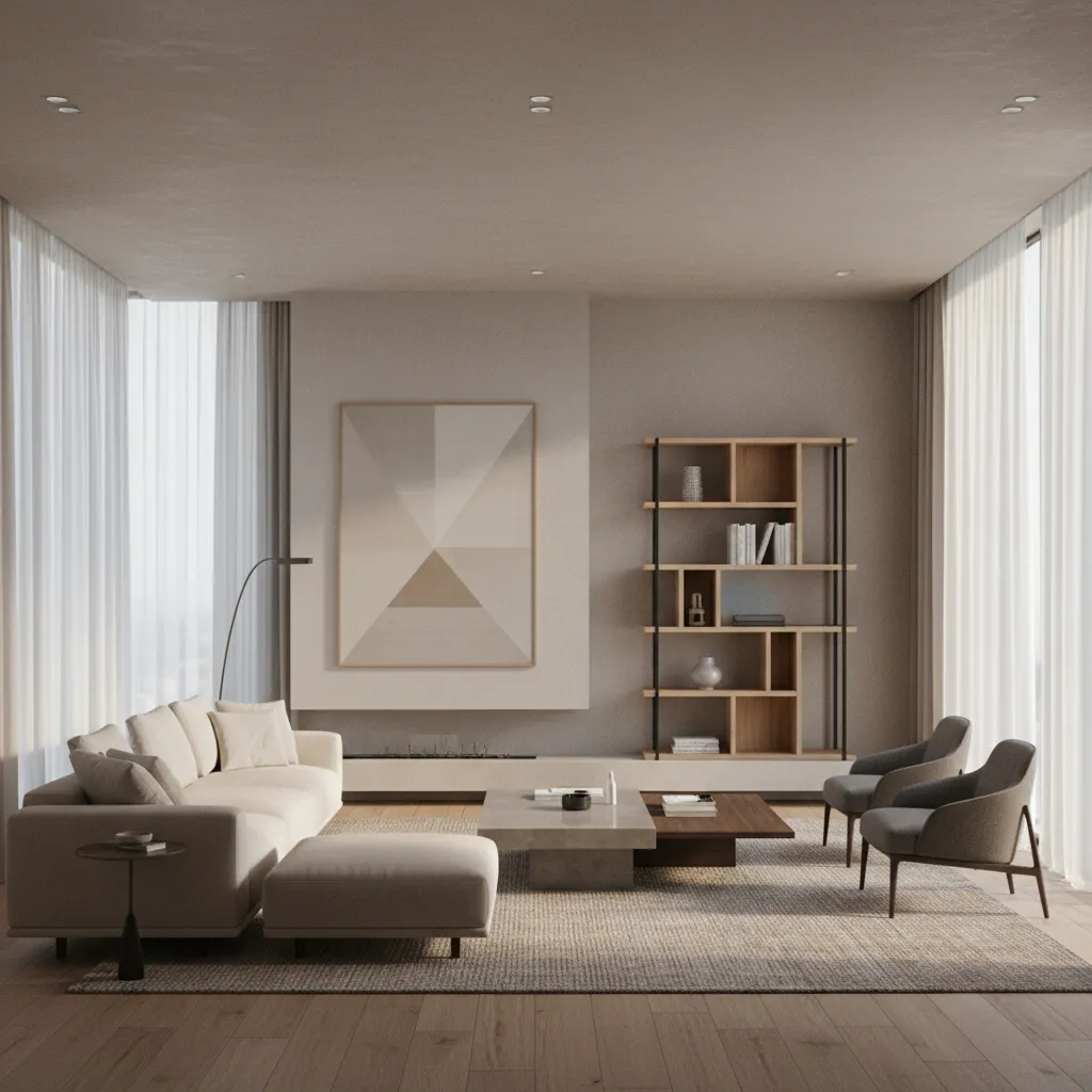 Render 3D realista de un salón moderno utilizado en proyectos de interiorismo