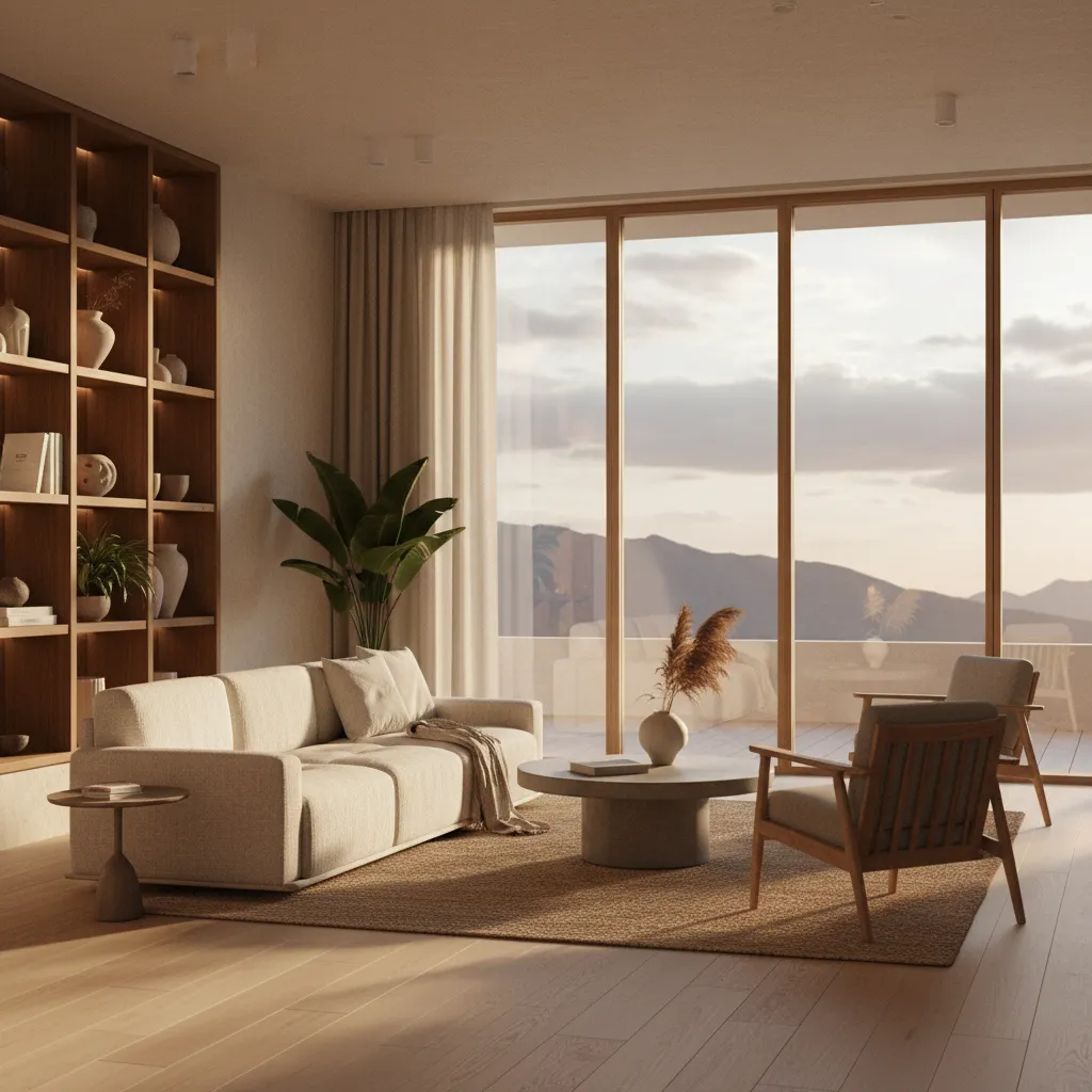 Render 3D realista de un salón moderno