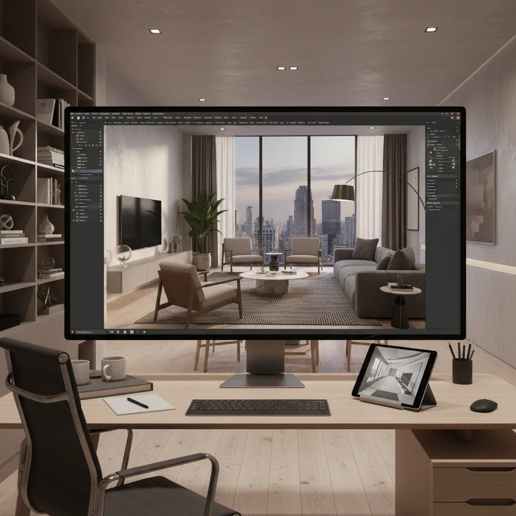 Computer monitor displaying a modern living room interior design drawing with a sofa and windows