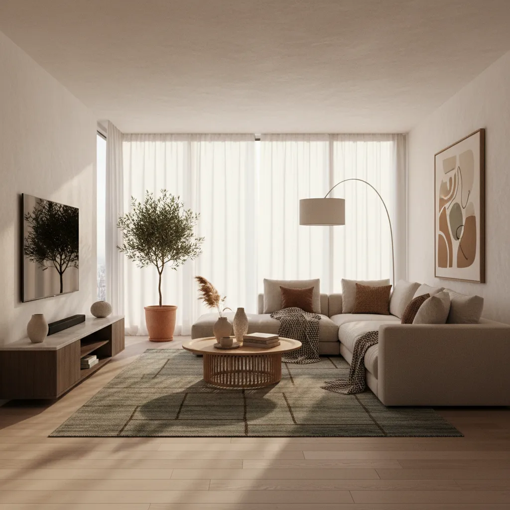 Render 3D realista de un salón moderno usado para presentar un proyecto