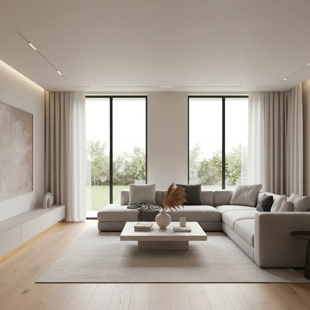 Modern minimalist living room with gray sofa square coffee table large windows and natural light