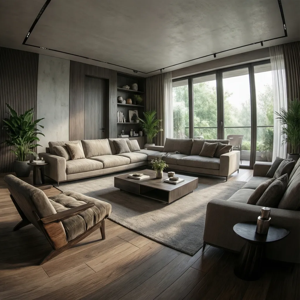 Render 3D realista de un salón moderno generado con software de diseño