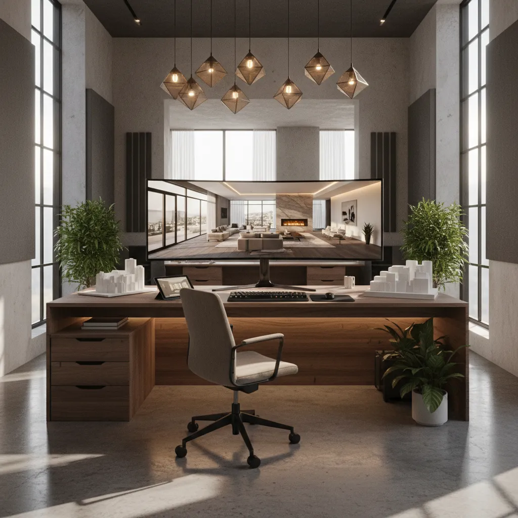 Home office with wooden desk showing interior design drawing on monitor chair and indoor plants