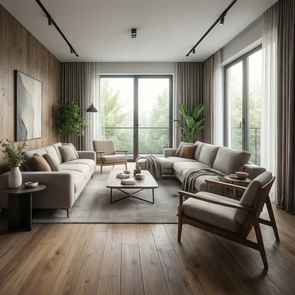 Render 3D de un salón moderno diseñado por interiorista