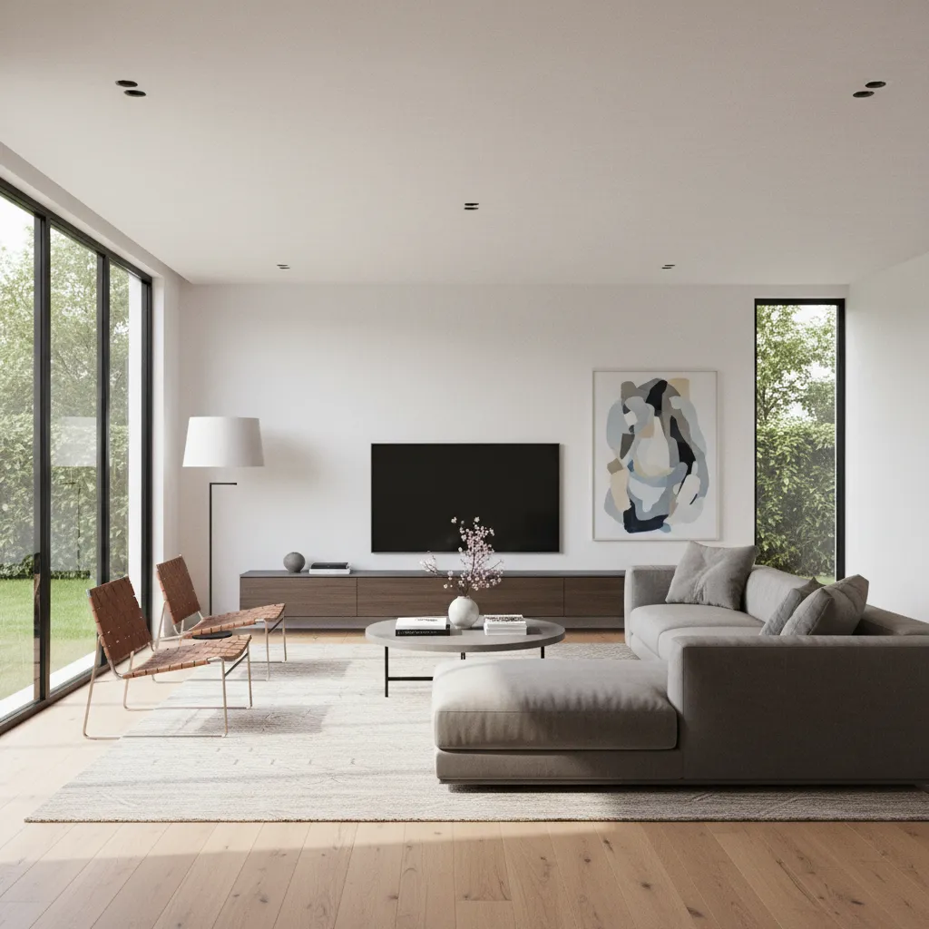 Render realista de salón moderno generado con software de diseño