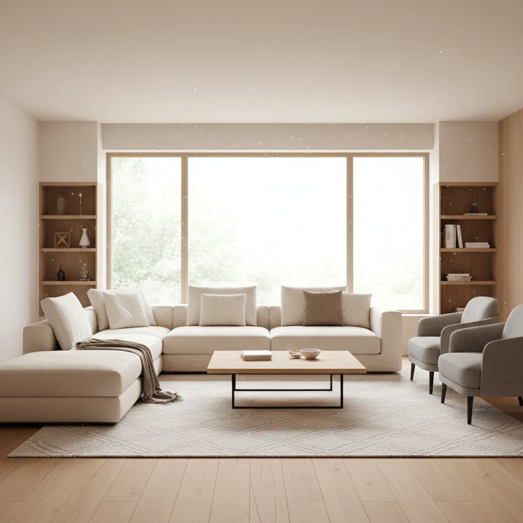 photorealistic 3D render of a modern living room showing balanced furniture layout