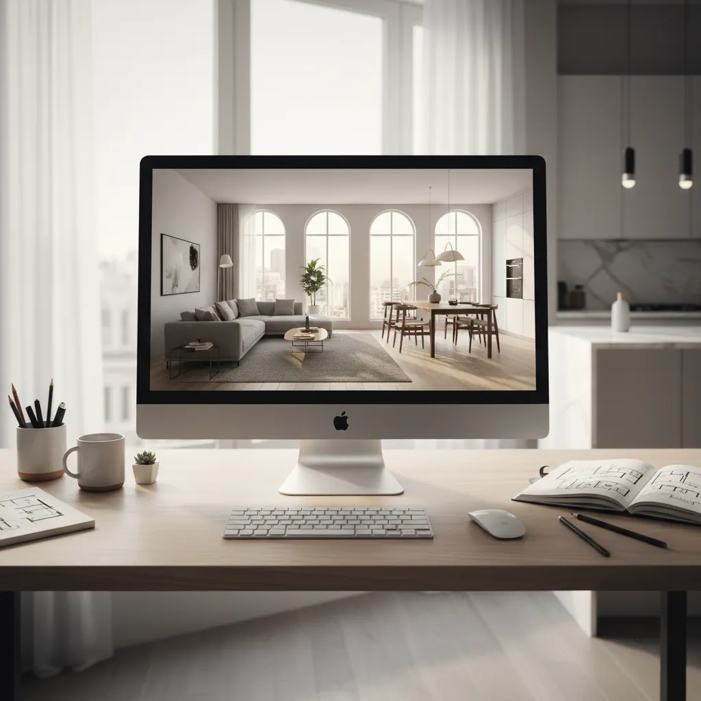 Computer screen showing modern living room design sitting on wooden desk with notebooks and pencils