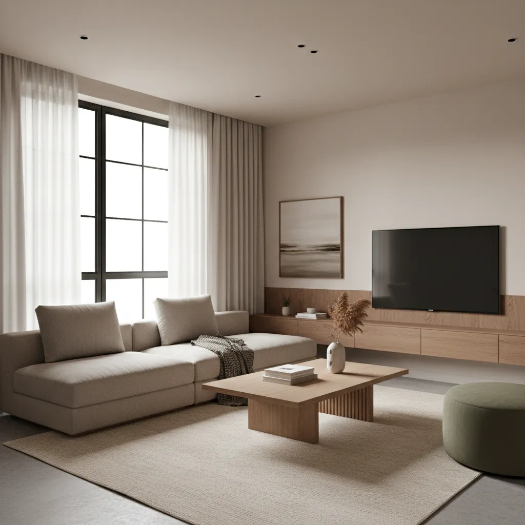 realistic 3D render of a small apartment living room created for interior design practice