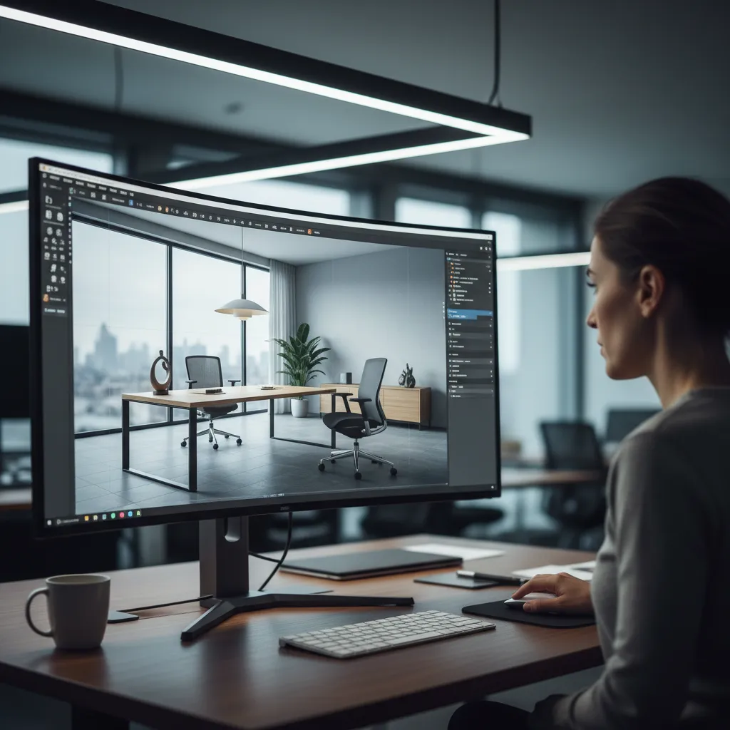 Pantalla de ordenador mostrando un render 3D de un proyecto de interiorismo