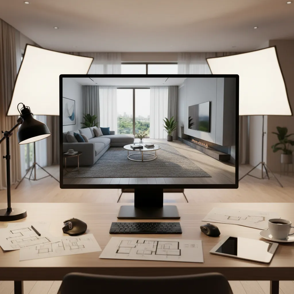 Pantalla mostrando render 3D de un proyecto de interiorismo