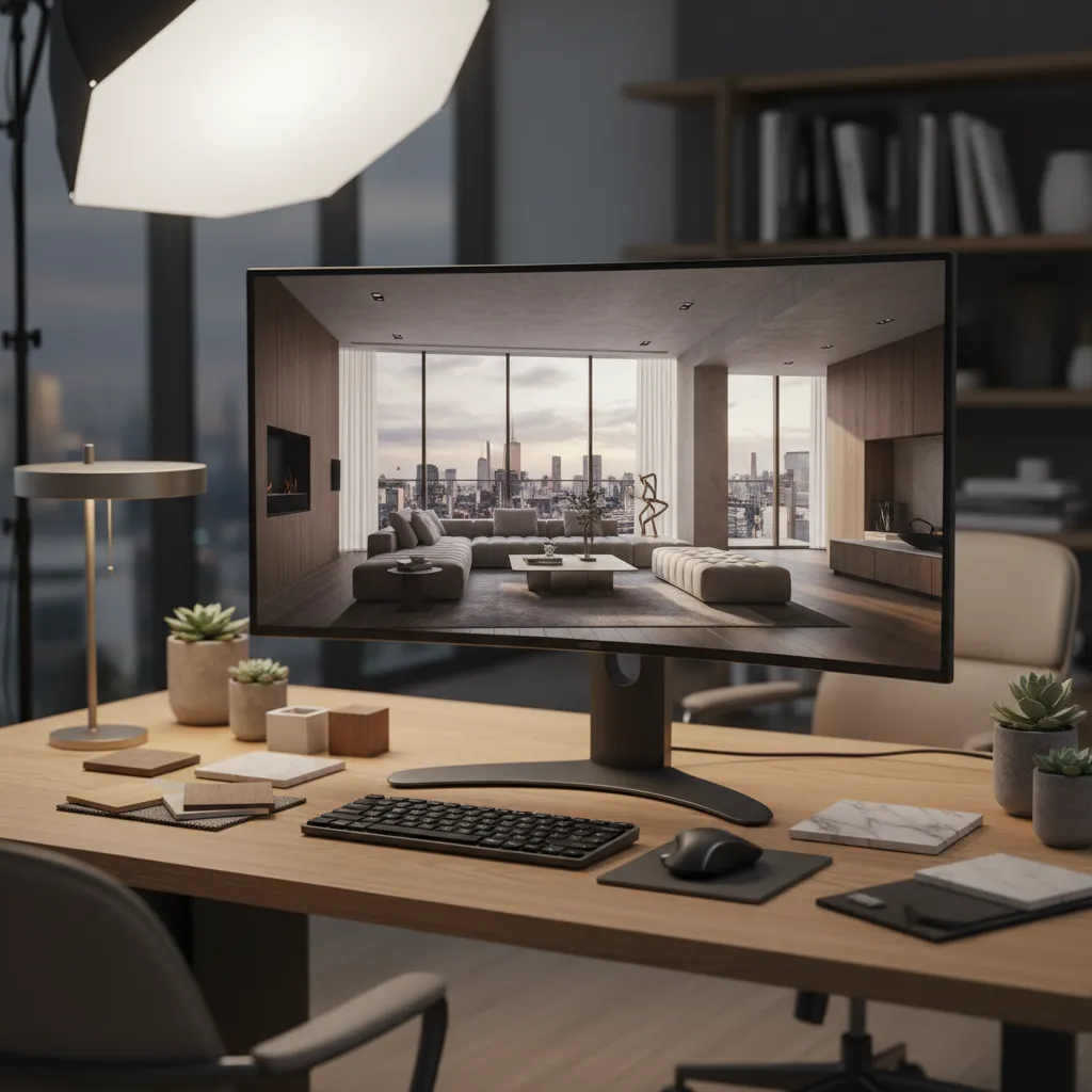 Pantalla de ordenador mostrando render 3D de un salón diseñado por estudiante