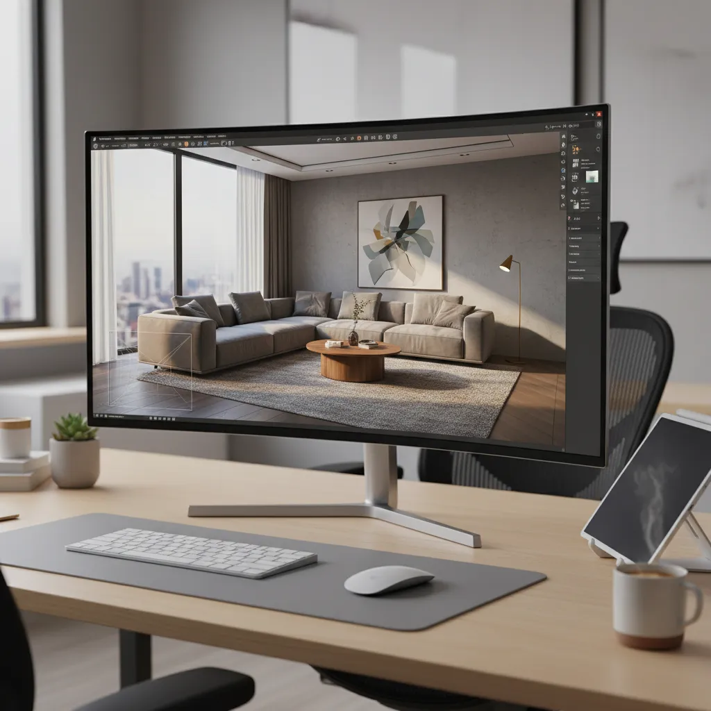 Computer monitor displaying an interior design drawing of a living room with a grey sofa