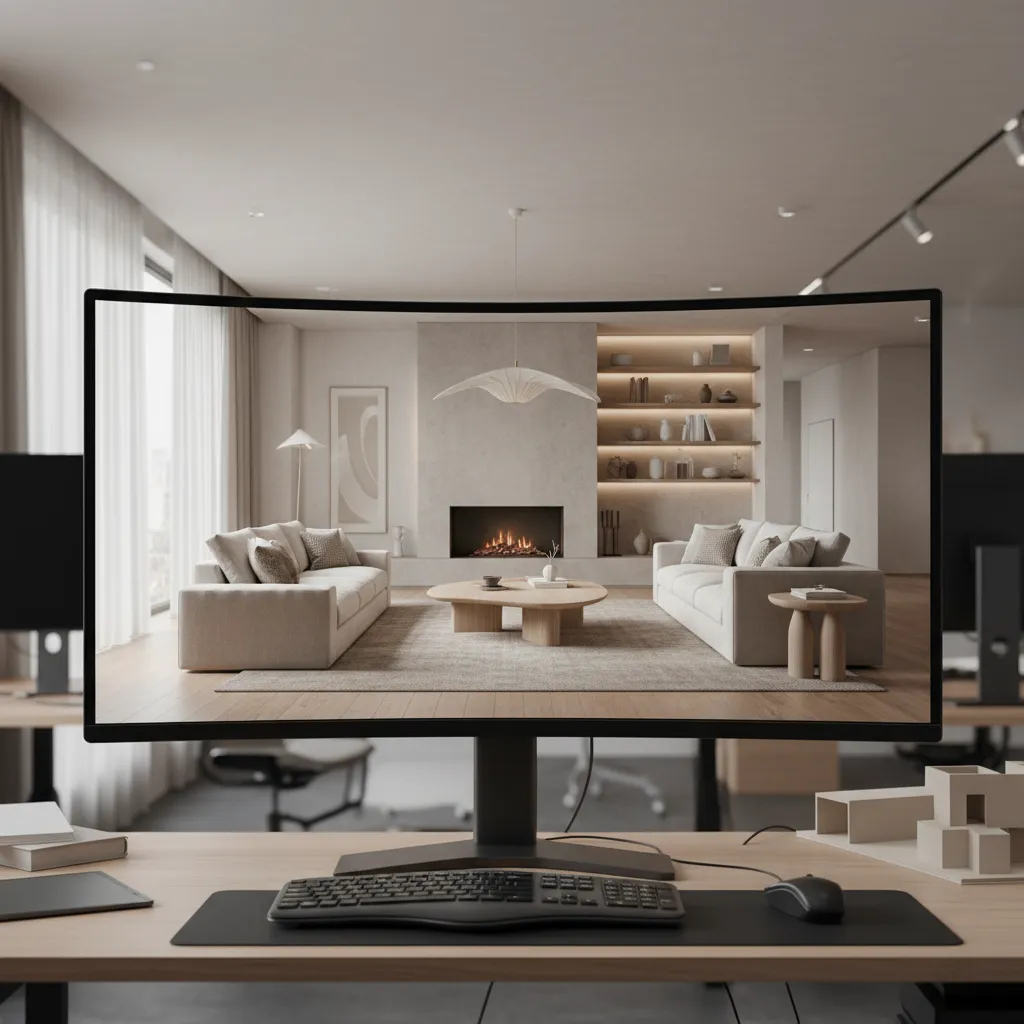 Pantalla mostrando render 3D de salón diseñado por interiorista