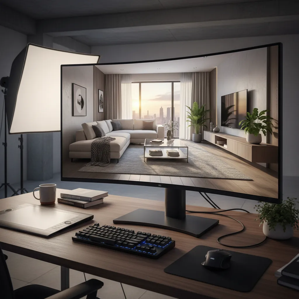 A computer monitor showing a modern living room interior design drawing on a wooden work desk