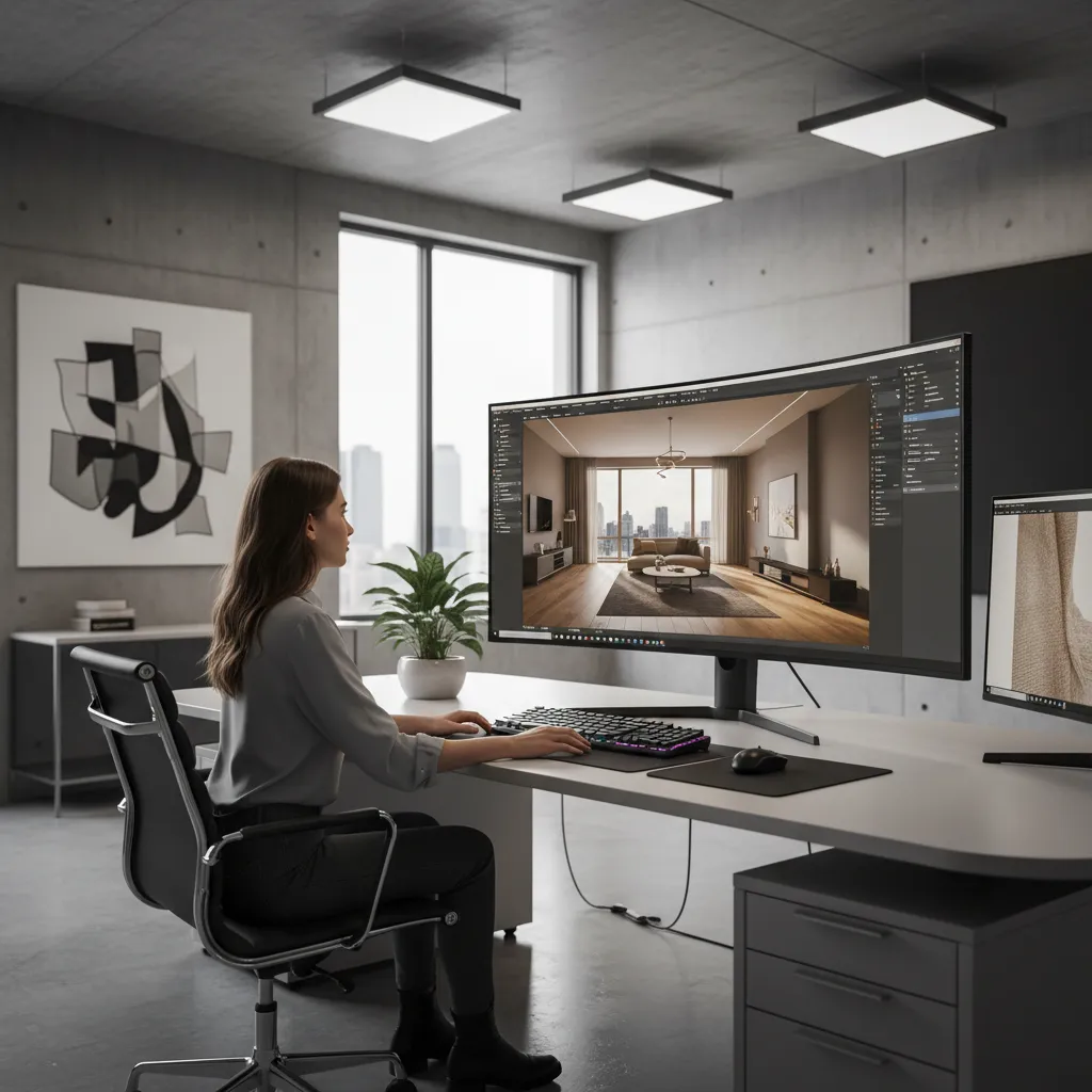 Designer at white desk using curved monitor to create interior design drawing in grey office